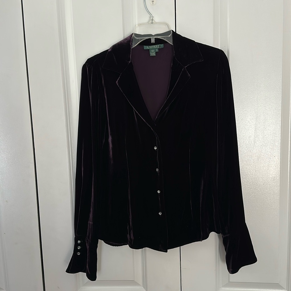 Lauren Ralph Lauren deep plum velvet button down, quiet luxury blouse top size 4